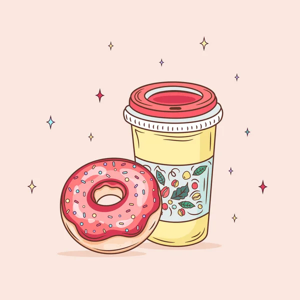 Dibujos animados colorido sabroso donut y café taza de papel desechable. Donut esmaltado con vectores de bebidas calientes ilustración plana aislada — Vector de stock