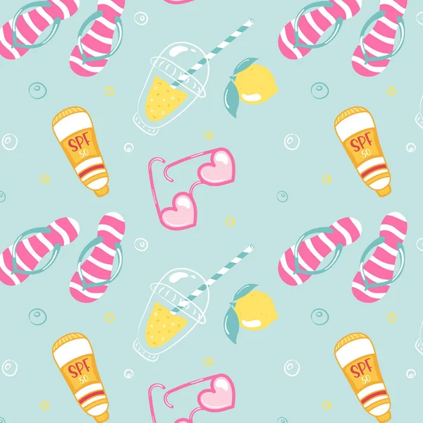 Colorful seamless summer pattern with hand drawn beach elements such as sunglasses, palm, watermelon slice, tote bag, umbrella, ice cream, waves, sand. Fashion print design, vector illustration — Stock vektor
