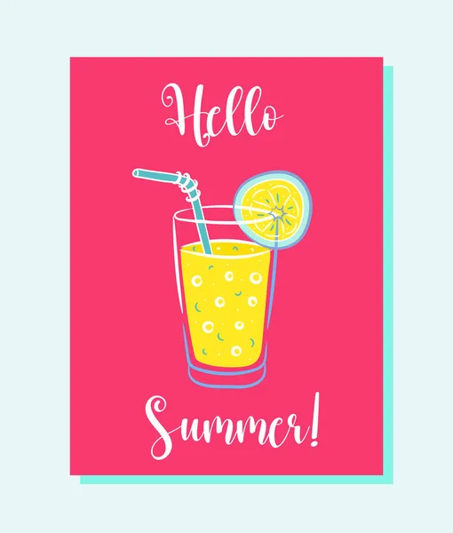 Heller Sommervektorhintergrund mit Glasgefäß mit Limonade, Sprechblase und handgeschriebenem Text Hallo Sommer. Handzeichnen Sommerkarte mit frischem Getränk. — Stockvektor