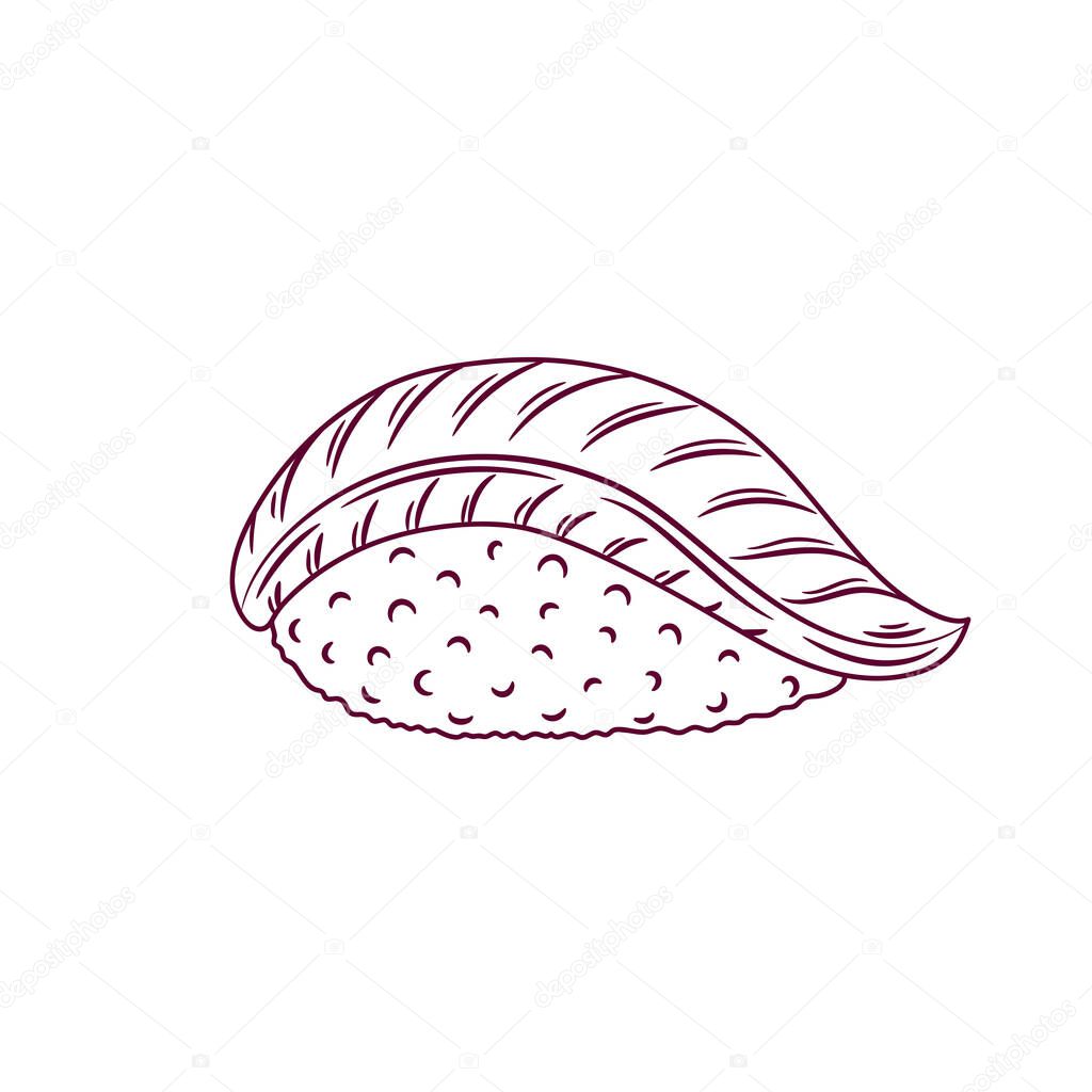 Hamachi sushi outline. Japanese traditional food icon. Isolated hand drawn seafood