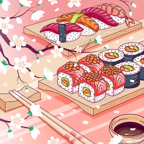 Sushi Set Japanese Seafood Vector Asian Restaurant Food Table Sushi — Archivo Imágenes Vectoriales