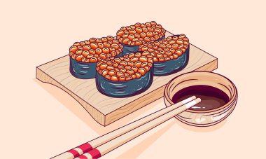 Salmon roe, Ikura, Nigiri sushi on wooden tray