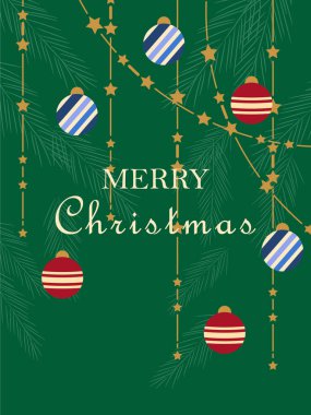 Mutlu noel vektörü metin kaligrafik tasarım kartı şablonu ve el çizimi dekoratif elementler. Moda tarzı. Noel ağacı süslemeleri, yeşil arka planda yıldızlar şeklinde süslemeler..