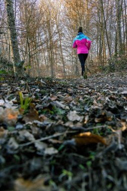 Pembe ceketli bir kız kışın sonlarında ormanda koşar. Yerde kuru yapraklardan bir halı var.. 