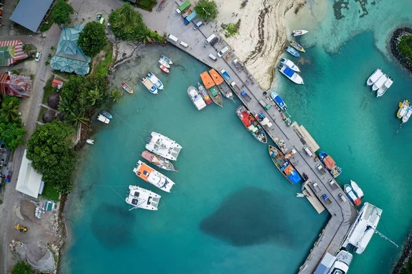 Aerial View Expensive Yachts Jetty Private Cove Praslin Seychelles — Foto de Stock