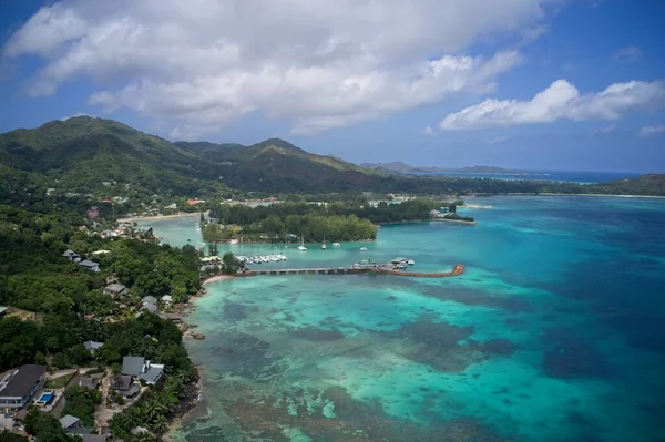 Drón Látómező Türkiz Kék Víz Kikötő Praslinban Seychelle Szigetek — Stock Fotó