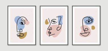 Çağdaş soyut yüzler, renkli şekillerde tek satır sanat tarzında. Baskı, duvar kağıdı ve kapak için soyut sanat tasarımı. Modern vektör illüstrasyonu.