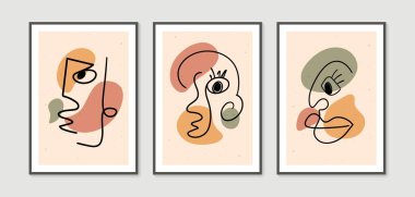 Çağdaş soyut yüzler, renkli şekillerde tek satır sanat tarzında. Baskı, duvar kağıdı ve kapak için soyut sanat tasarımı. Modern vektör illüstrasyonu.