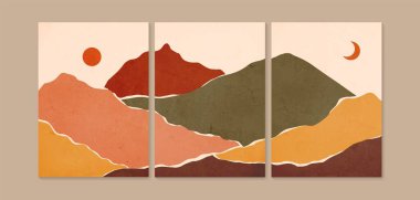 Soyut çağdaş manzara posterleri. Güneş ay dağları ile modern boho arka planı. Duvar çerçeveli baskılar için soyut sanat tasarımı, poster, kapak, ev dekorasyonu, tuval baskıları, duvar kağıdı.