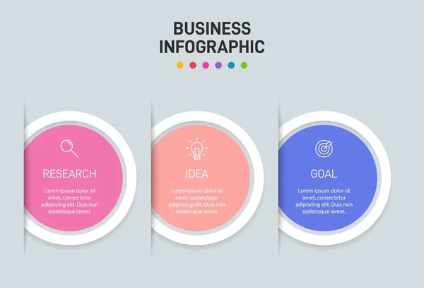 Konzept des Pfeil-Geschäftsmodells mit 3 aufeinander folgenden Schritten. Drei farbenfrohe grafische Elemente. Timeline-Design für Broschüre, Präsentation. Gestaltung der Infografik. — Stockvektor
