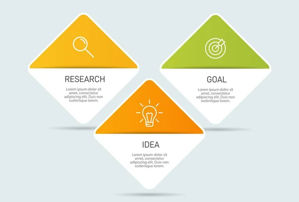 Ardışık üç adımlı ok iş modeli kavramı. Üç renkli grafik öğe. Broşür ve sunum için zaman çizelgesi tasarımı. Infographic tasarım düzeni. — Stok Vektör