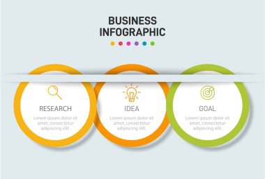 Ardışık üç adımlı ok iş modeli kavramı. Üç renkli grafik öğe. Broşür ve sunum için zaman çizelgesi tasarımı. Infographic tasarım düzeni.