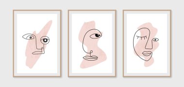 Çağdaş soyut yüzler, renkli şekillerde tek satır sanat tarzında. Baskı, duvar kağıdı ve kapak için soyut sanat tasarımı. Modern vektör illüstrasyonu.