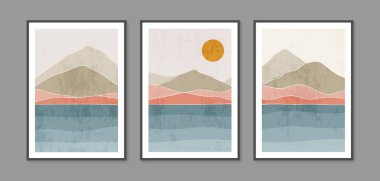 Soyut çağdaş manzara posterleri. Güneş ay dağları ile modern boho arka planı. Duvar çerçeveli baskılar için soyut sanat tasarımı, poster, kapak, ev dekorasyonu, tuval baskıları, duvar kağıdı.