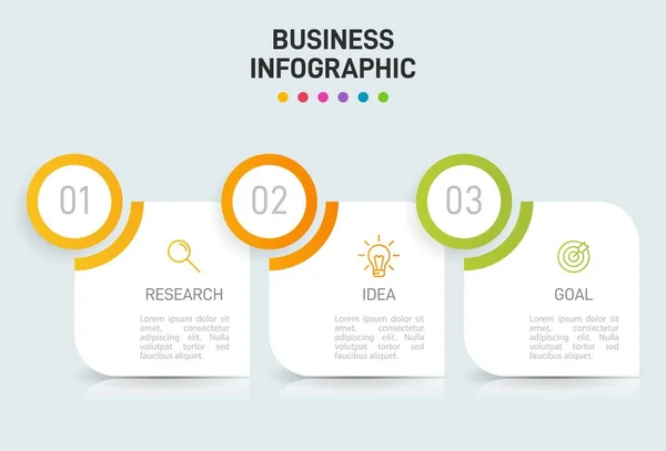 Conceito de modelo de negócio de seta com 3 etapas sucessivas. Três elementos gráficos coloridos. Design de linha do tempo para brochura, apresentação. Layout de design infográfico . — Vetor de Stock