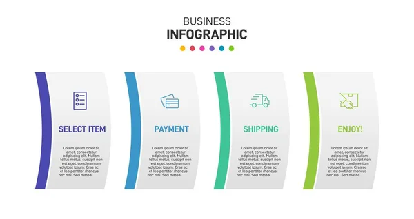 Concept de processus d'achat en 4 étapes successives. Quatre éléments graphiques colorés. Conception du calendrier pour la brochure, la présentation, le site Web. Mise en page infographique. — Image vectorielle