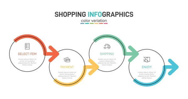 Conceito de processo de compras com 4 etapas sucessivas. Quatro elementos gráficos coloridos. Design de linha do tempo para brochura, apresentação, site. Layout de design infográfico. — Vetor de Stock