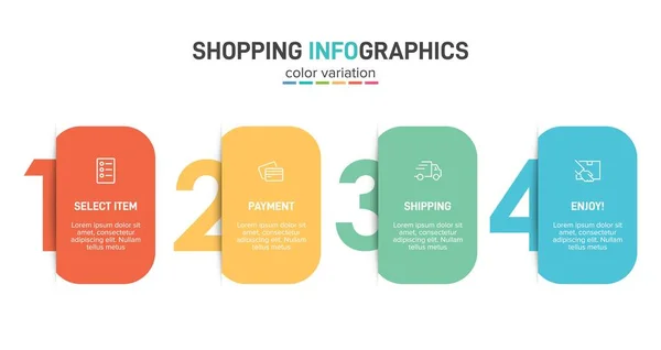 Concept of shopping process with 4 successive steps. Four colorful graphic elements. Timeline design for brochure, presentation, web site. Infographic design layout. — Stock Vector