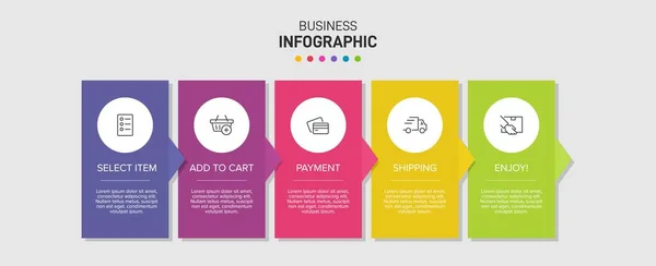 Concept of shopping process with 5 successive steps. Five colorful graphic elements. Timeline design for brochure, presentation, web site. Infographic design layout. — Stock Vector
