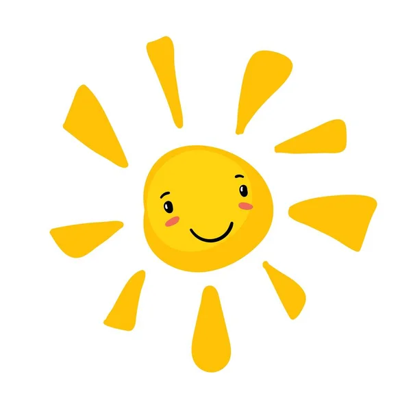 Soleil aux yeux drôles. Sunshine mignon logo d'été. Émotion de lumière printanière, vecteur doodle isolé sur fond blanc. — Image vectorielle