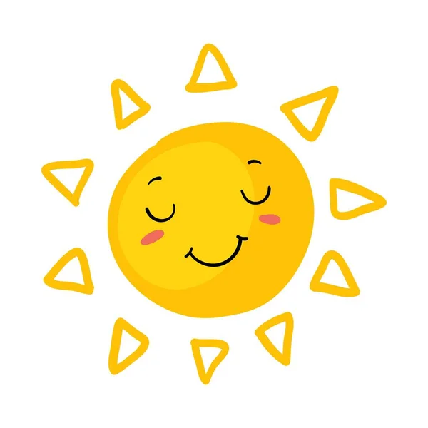 Grappige zon met ogen. Zonneschijn leuke zomer logo. Lente licht emotie, doodle vector geïsoleerd op witte achtergrond. — Stockvector
