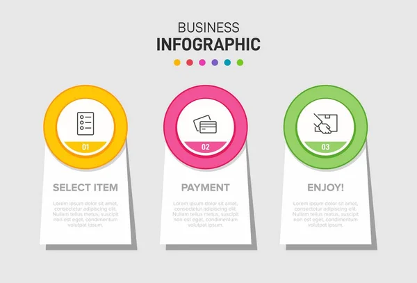 Concepto de proceso de compra con 3 pasos sucesivos. Tres coloridos elementos gráficos. Diseño de línea de tiempo para folleto, presentación, sitio web. Diseño infográfico. — Vector de stock