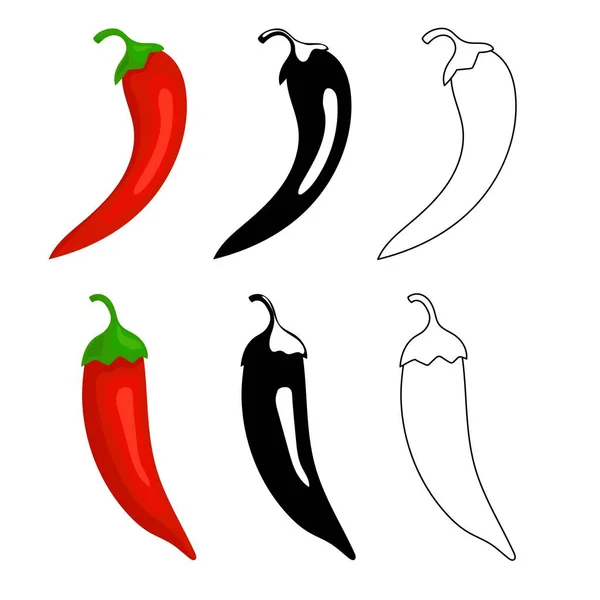Close-up Chilischoten Symbole. Rote Chilischote, schwarz und konturiert. Karikatur mexikanischer Chili- oder Chilis-Illustration. Mexikanische oder asiatische Küche Zeichen isoliert auf weißem Hintergrund. — Stockvektor