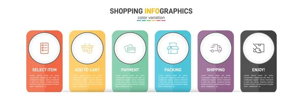 6 개의 연속적 인 단계를 가진 쇼핑 프로세스의 개념. 여섯 가지 다채 로운 그래픽 요소. 팜플렛, 프레젠테이션, 웹 사이트를 위한 타임 라인 디자인. 그래픽 디자인 레이아웃. — 스톡 벡터