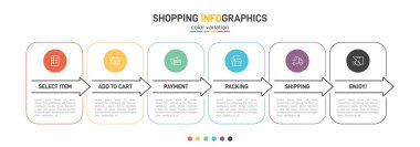 Altı adımlı alışveriş süreci kavramı. Altı renkli grafik elementi. Broşür, sunum ve web sitesi için zaman çizelgesi tasarımı. Infographic tasarım düzeni.