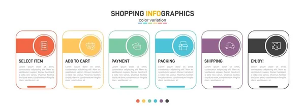 A vásárlási folyamat koncepciója 6 egymást követő lépésben. Hat színes grafikai elem. Idővonal tervezése prospektus, prezentáció, weboldal. Infografikai tervezési elrendezés. — Stock Vector