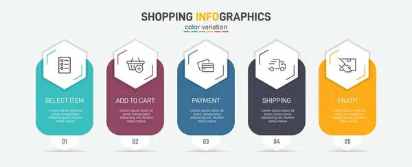 Begreppet shopping process med 5 på varandra följande steg. Fem färgstarka grafiska element. Tidslinje design för broschyr, presentation, hemsida. Infografisk utformning. — Stock vektor