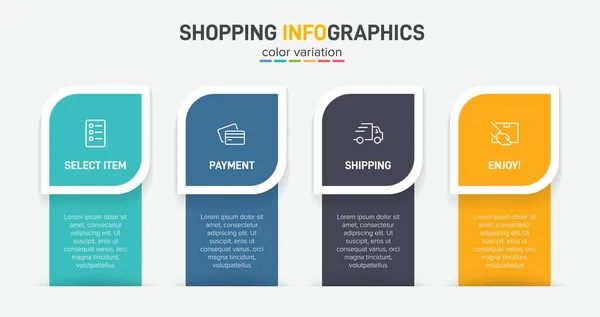 Conceito de processo de compras com 4 etapas sucessivas. Quatro elementos gráficos coloridos. Design de linha do tempo para brochura, apresentação, site. Layout de design infográfico. — Vetor de Stock