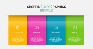 Peş peşe dört adımla alışveriş süreci kavramı. Dört renkli grafik elementi. Broşür, sunum ve web sitesi için zaman çizelgesi tasarımı. Infographic tasarım düzeni.