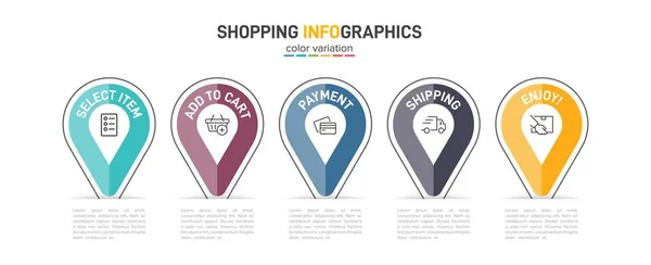 Koncepcja procesu zakupów z 5 kolejnymi krokami. Pięć kolorowych elementów graficznych. Projekt harmonogramu dla broszury, prezentacji, strony internetowej. Układ projektu infograficznego. — Wektor stockowy