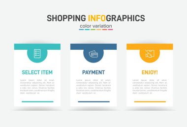 Üst üste üç adımla alışveriş süreci kavramı. Üç renkli grafik öğe. Broşür, sunum ve web sitesi için zaman çizelgesi tasarımı. Infographic tasarım düzeni.