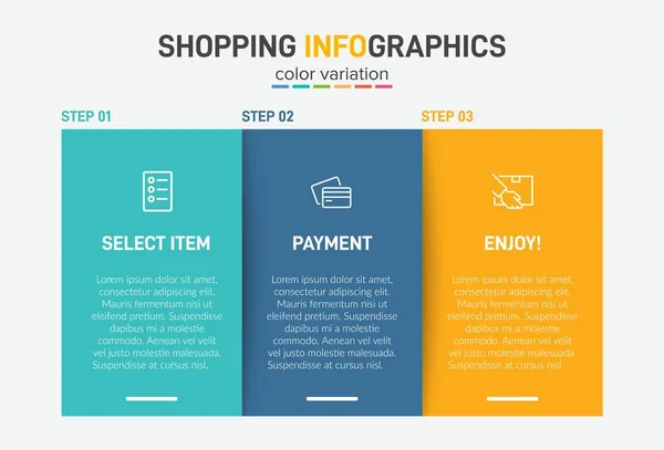 Concept de processus d'achat en 3 étapes successives. Trois éléments graphiques colorés. Conception du calendrier pour la brochure, la présentation, le site Web. Mise en page infographique. — Image vectorielle