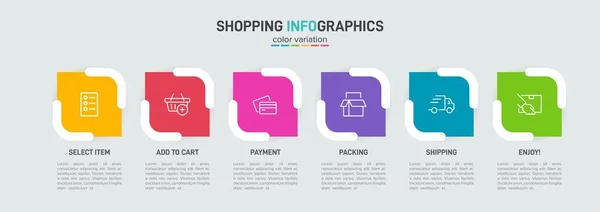 Altı adımlı alışveriş süreci kavramı. Altı renkli grafik elementi. Broşür, sunum ve web sitesi için zaman çizelgesi tasarımı. Infographic tasarım düzeni. — Stok Vektör