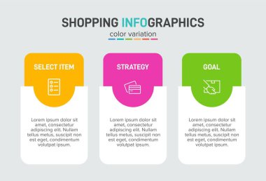 Üst üste üç adımla alışveriş süreci kavramı. Üç renkli grafik öğe. Broşür, sunum ve web sitesi için zaman çizelgesi tasarımı. Infographic tasarım düzeni
