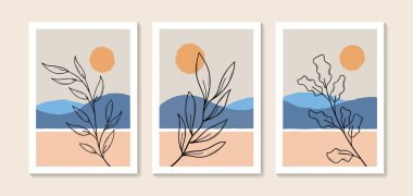 Floral leaf with mountains and sun background. Vector landscapes backgrounds set. Abstract arts design for wall framed prints, poster, cover, home decor, canvas prints, wallpaper