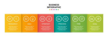 Simgeli ve 6 basamaklı bilgi tasarımı. İnce çizgi vektörü. Bilgi işlem iş konsepti. Bilgi grafikleri, akış grafikleri, sunumlar, web siteleri, afişler, yazılı materyaller için kullanılabilir