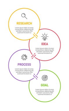 Simgeli ve 4 seçenekli dikey bilgi tasarımı. İnce çizgi. Bilgi işlem iş konsepti. Bilgi grafikleri, akış grafikleri, sunumlar, mobil web siteleri, yazdırılmış materyaller için kullanılabilir