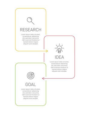 Simgeli ve 3 basamaklı dikey bilgi tasarımı. İnce çizgi. Bilgi işlem iş konsepti. Bilgi grafikleri, akış grafikleri, sunumlar, mobil web siteleri, yazdırılmış materyaller için kullanılabilir