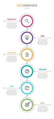 Simgeli ve 6 basamaklı dikey bilgi tasarımı. İnce çizgi. Bilgi işlem iş konsepti. Bilgi grafikleri, akış grafikleri, sunumlar, mobil web siteleri, yazdırılmış materyaller için kullanılabilir