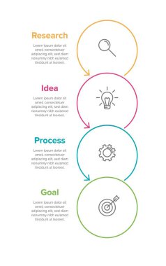 Simgeli ve 4 seçenekli dikey bilgi tasarımı. İnce çizgi. Bilgi işlem iş konsepti. Bilgi grafikleri, akış grafikleri, sunumlar, mobil web siteleri, yazdırılmış materyaller için kullanılabilir