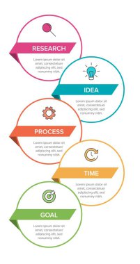 Simgeli ve 5 basamaklı dikey bilgi tasarımı. İnce çizgi. Bilgi işlem iş konsepti. Bilgi grafikleri, akış grafikleri, sunumlar, mobil web siteleri, yazdırılmış materyaller için kullanılabilir