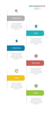 Simgeli ve 6 basamaklı dikey bilgi tasarımı. İnce çizgi. Bilgi işlem iş konsepti. Bilgi grafikleri, akış grafikleri, sunumlar, mobil web siteleri, yazdırılmış materyaller için kullanılabilir