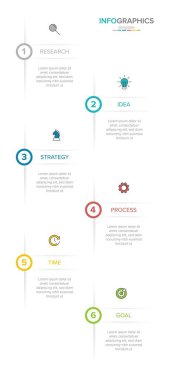 Simgeli ve 6 basamaklı dikey bilgi tasarımı. İnce çizgi. Bilgi işlem iş konsepti. Bilgi grafikleri, akış grafikleri, sunumlar, mobil web siteleri, yazdırılmış materyaller için kullanılabilir