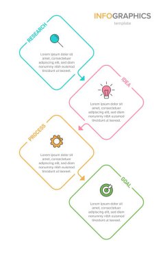 Simgeli ve 4 seçenekli dikey bilgi tasarımı. İnce çizgi. Bilgi işlem iş konsepti. Bilgi grafikleri, akış grafikleri, sunumlar, mobil web siteleri, yazdırılmış materyaller için kullanılabilir