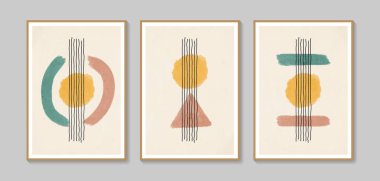 Collection of vector abstract wall art. Boho color organic shape. Artistic design for poster, print, cover, wallpaper, minimalistic and natural wall art. Vector illustration with grunge texture