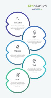 Simgeli ve 5 basamaklı dikey bilgi tasarımı. İnce çizgi. Bilgi işlem iş konsepti. Bilgi grafikleri, akış grafikleri, sunumlar, mobil web siteleri, yazdırılmış materyaller için kullanılabilir